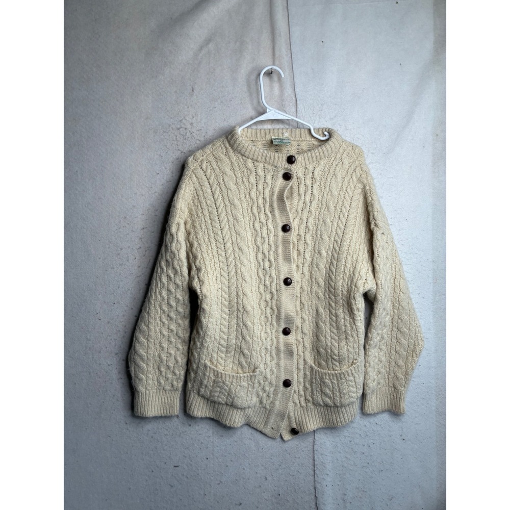 Vintage Cladyknit Irish Aran Wool Cardigan Sweater Cream Cable Knit Made Ireland